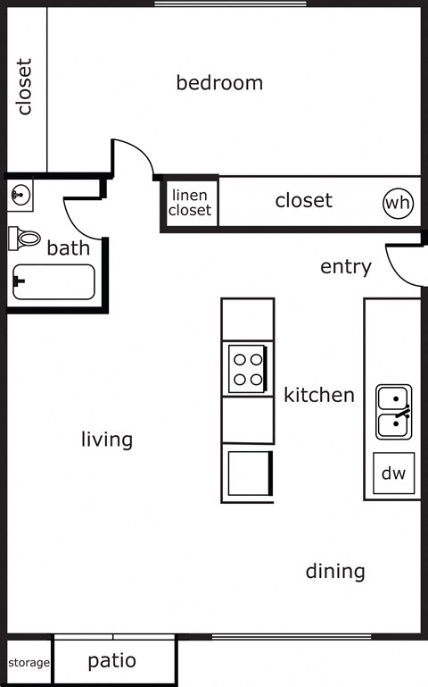 Floor plan for 1 bed, 1 bath, 700 sqft